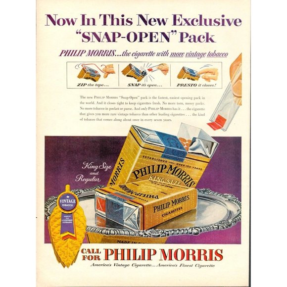 1954 Philip Morris Cigarettes Vintage Print Ad, "Snap-Open" Pack (L5) - Picture 1 of 1